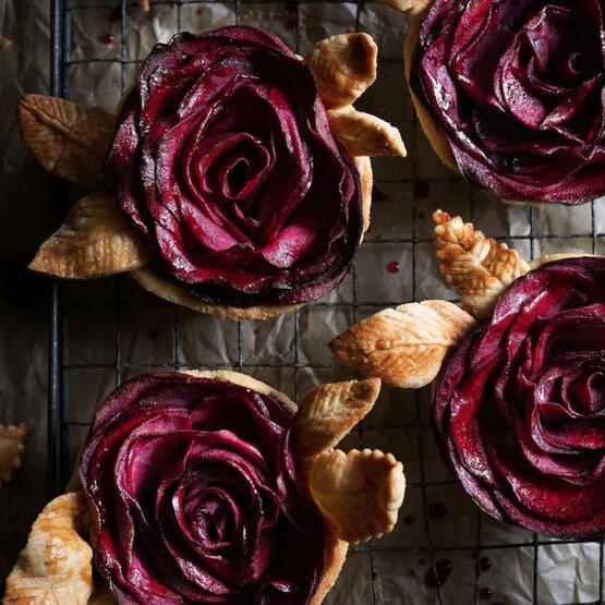 Apple Rose Tarts: Seasonal apple slices soaked in a Petite Sirah before arranged in a rose pattern and baked to perfection.