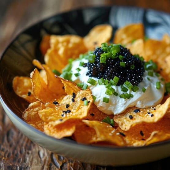Caviar & Crisps: Caviar and crème fraîche served with delicious popoto crisps.