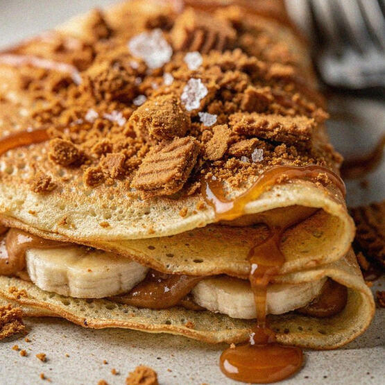 Biscoff & Banana Crepe: Delicious thin crepes folded and filled with biscoff creme and Wild Ja Tiika Banana slices. Topped with crumbled biscoff cookies.