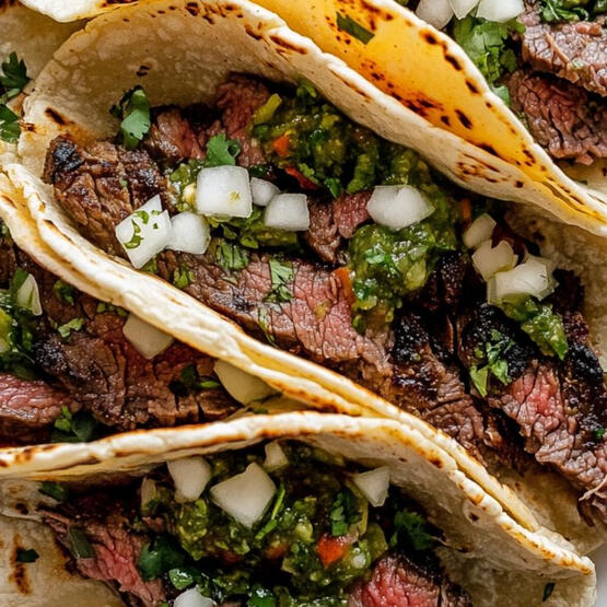 Tacos de Carne Asada: A well known taste of Tural brought to the colds. Warm flour tortillas filled with marinated rroneek chuck. Served with salsa verde! { 🌶🌶 }
